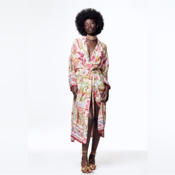 Zara NWT Satin Colorful Boho Floral Printed Belted Kimono Duster robe - Picture 2 of 12
